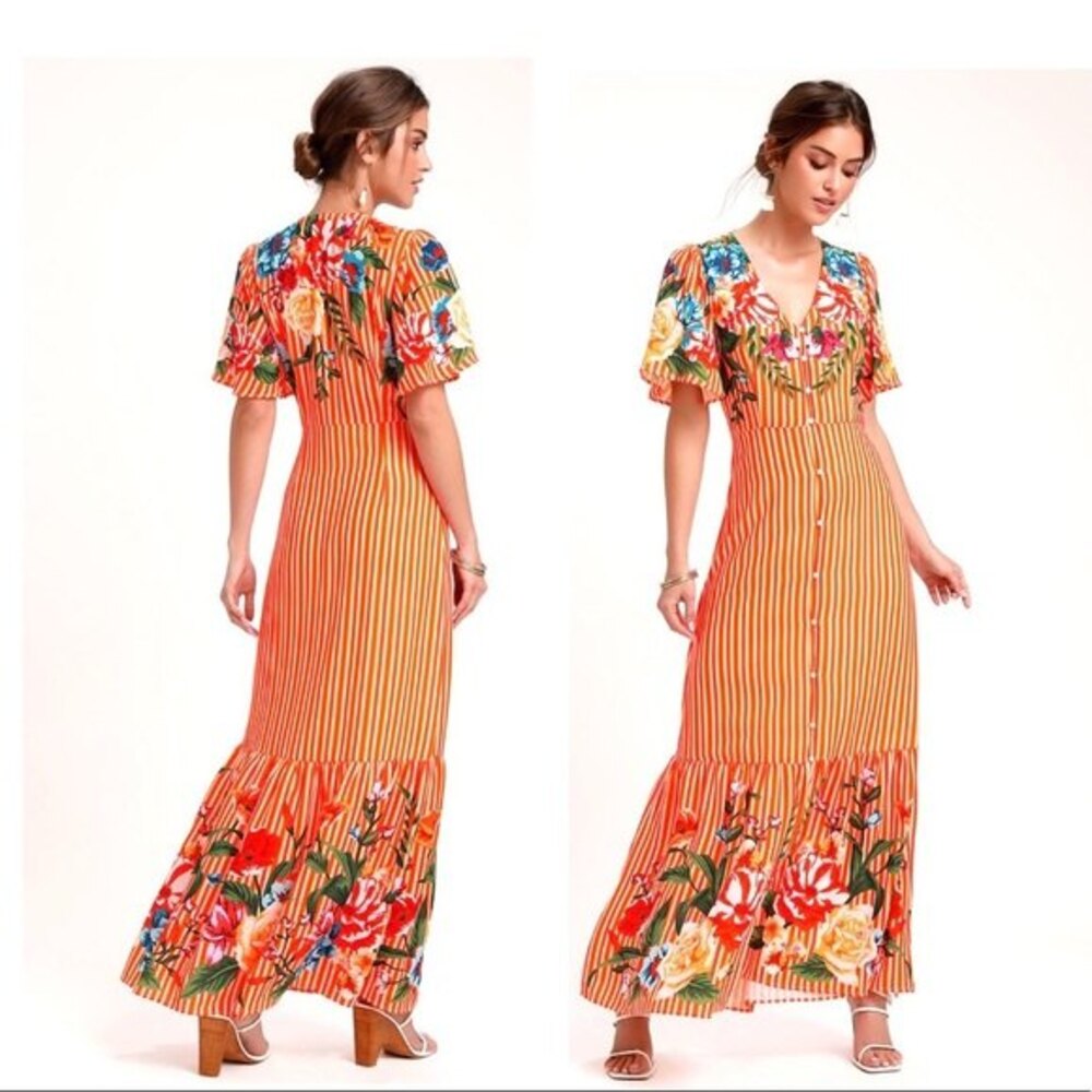 Lulu’s Roam the Riviera Orange Multi Striped Button-Up Maxi Dress XS NWT